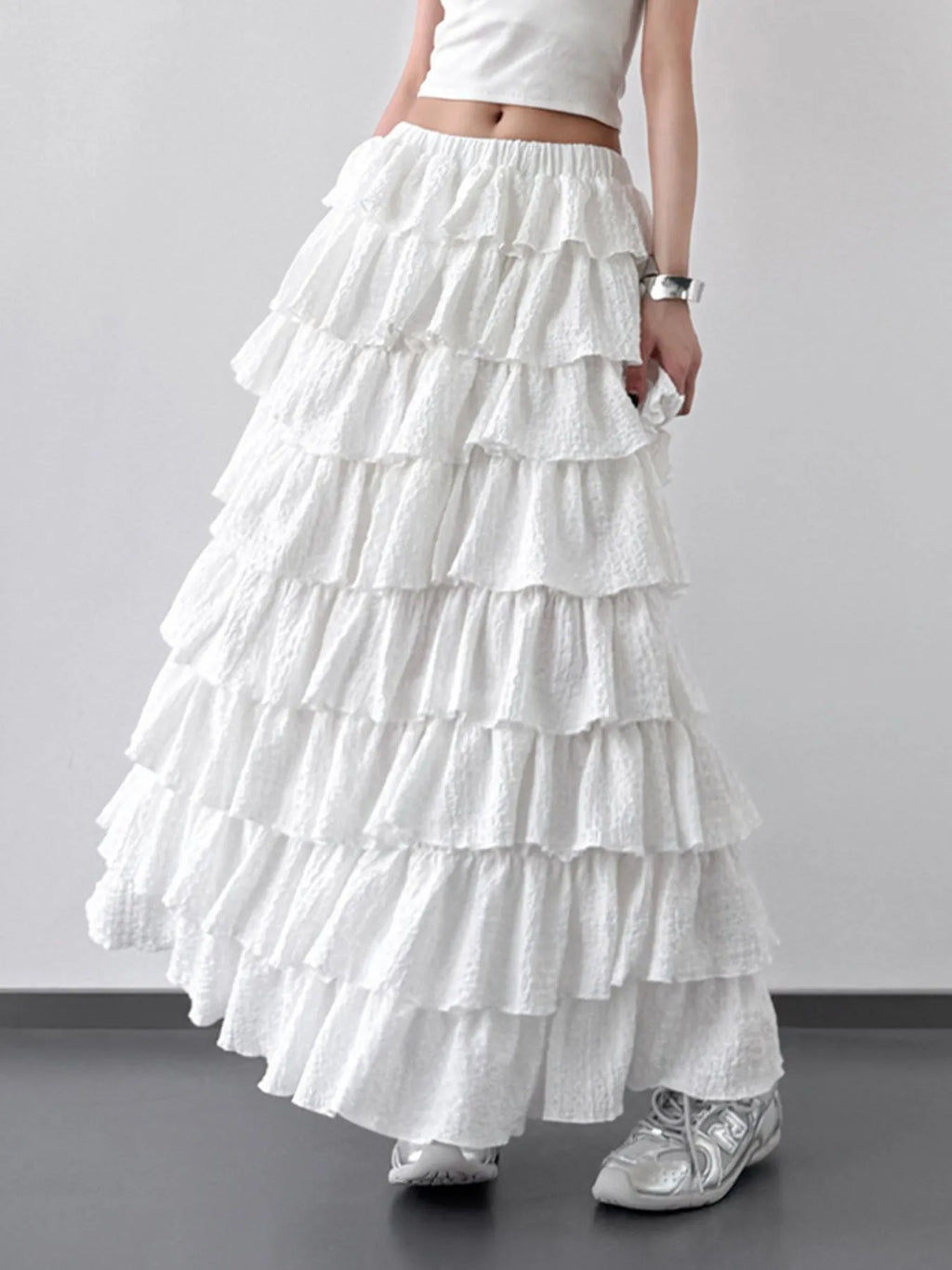 White Ruffle Layered Maxi Skirt Bohemian Tiered Skirt - Image 3