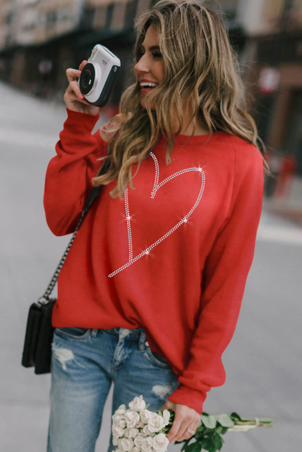 Red Rhinestone Heart Graphic Polyester Sweatshirt