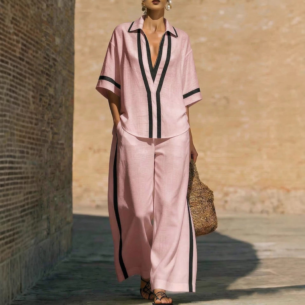 Women’s Color Block Shirt and Wide-Leg Pants Two-Piece Set - Image 4