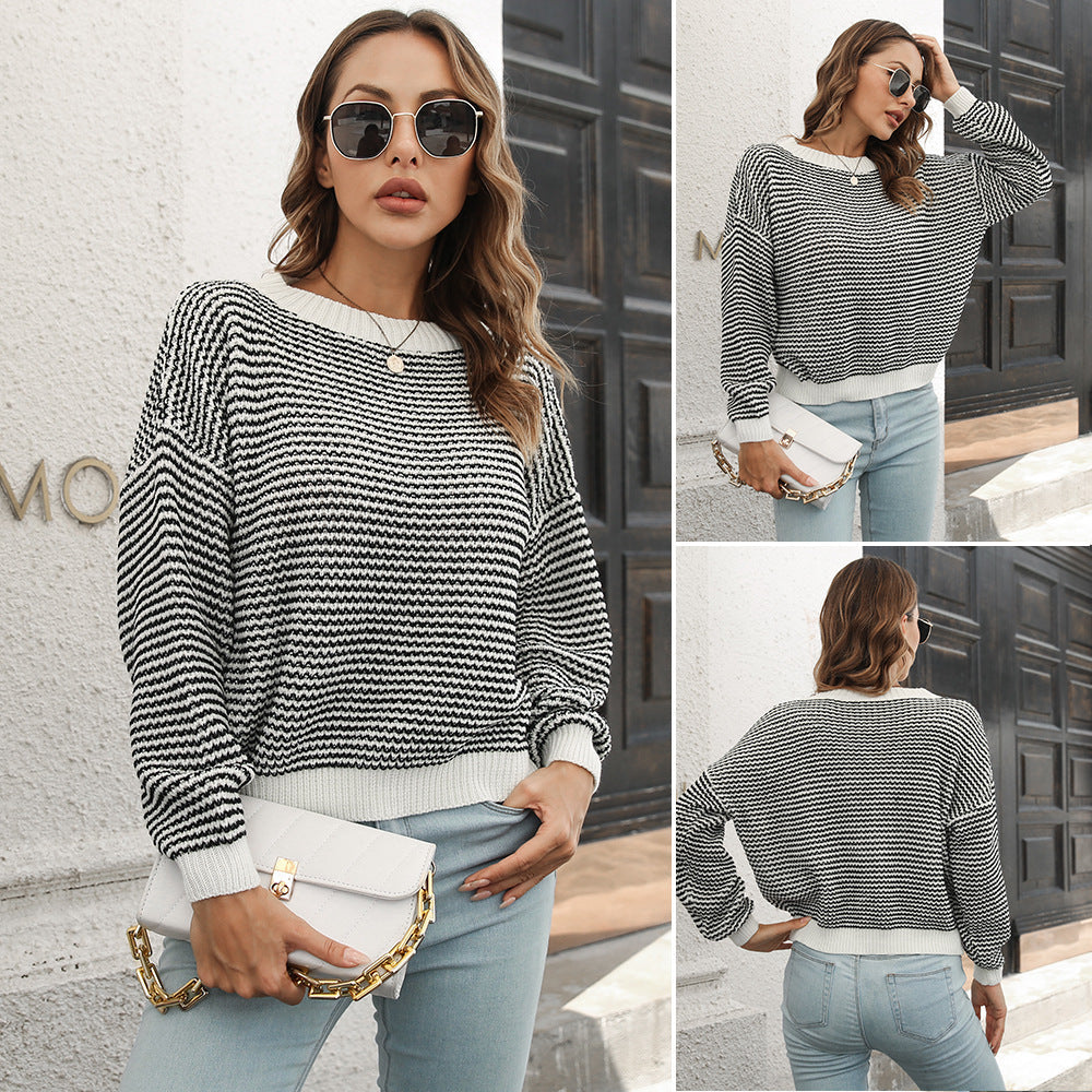 Women's Black and White Striped Long Sleeve Loose Pullover Sweater