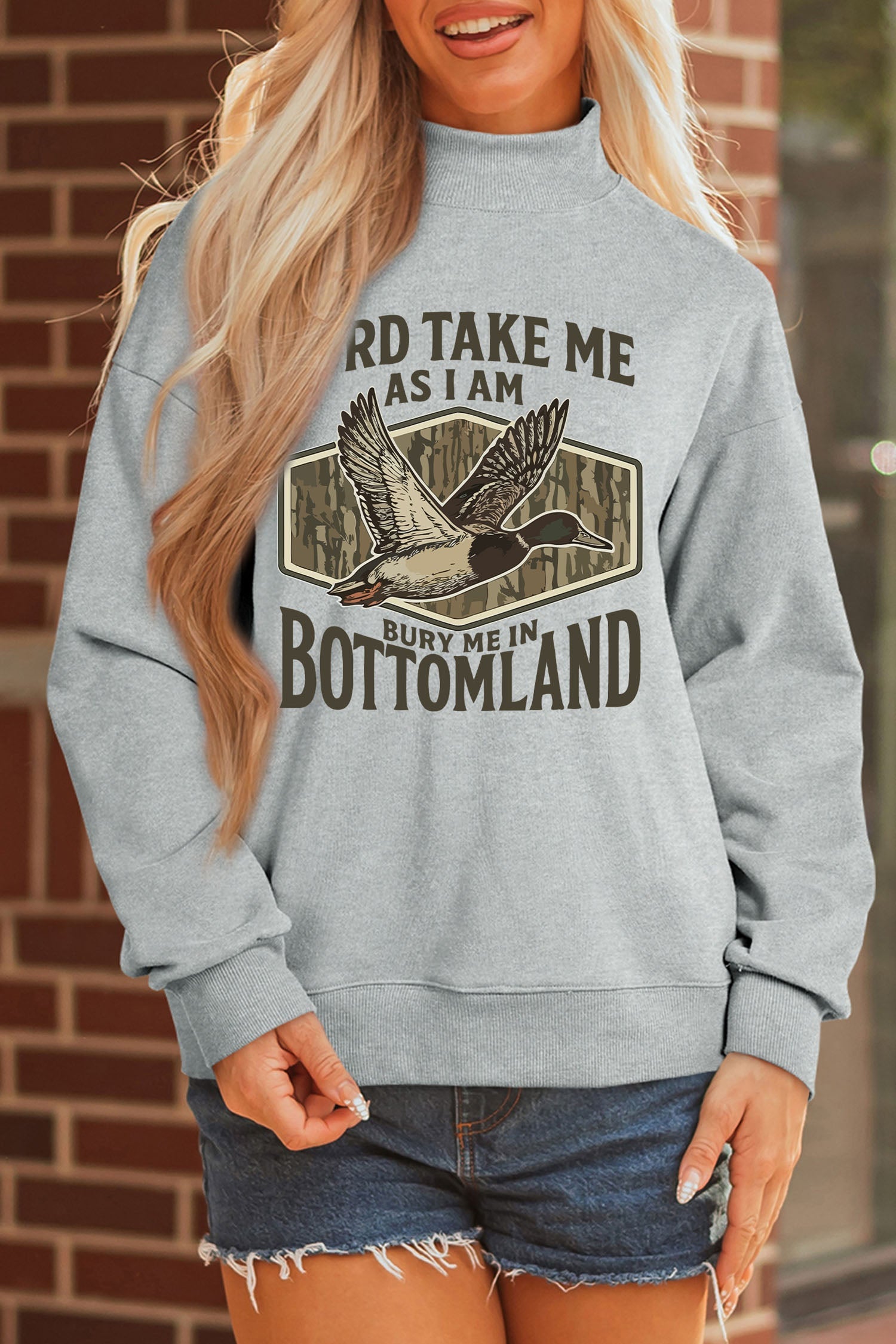 Gray Exposed Seam Mock Neck Western Print Duck Sweatshirt