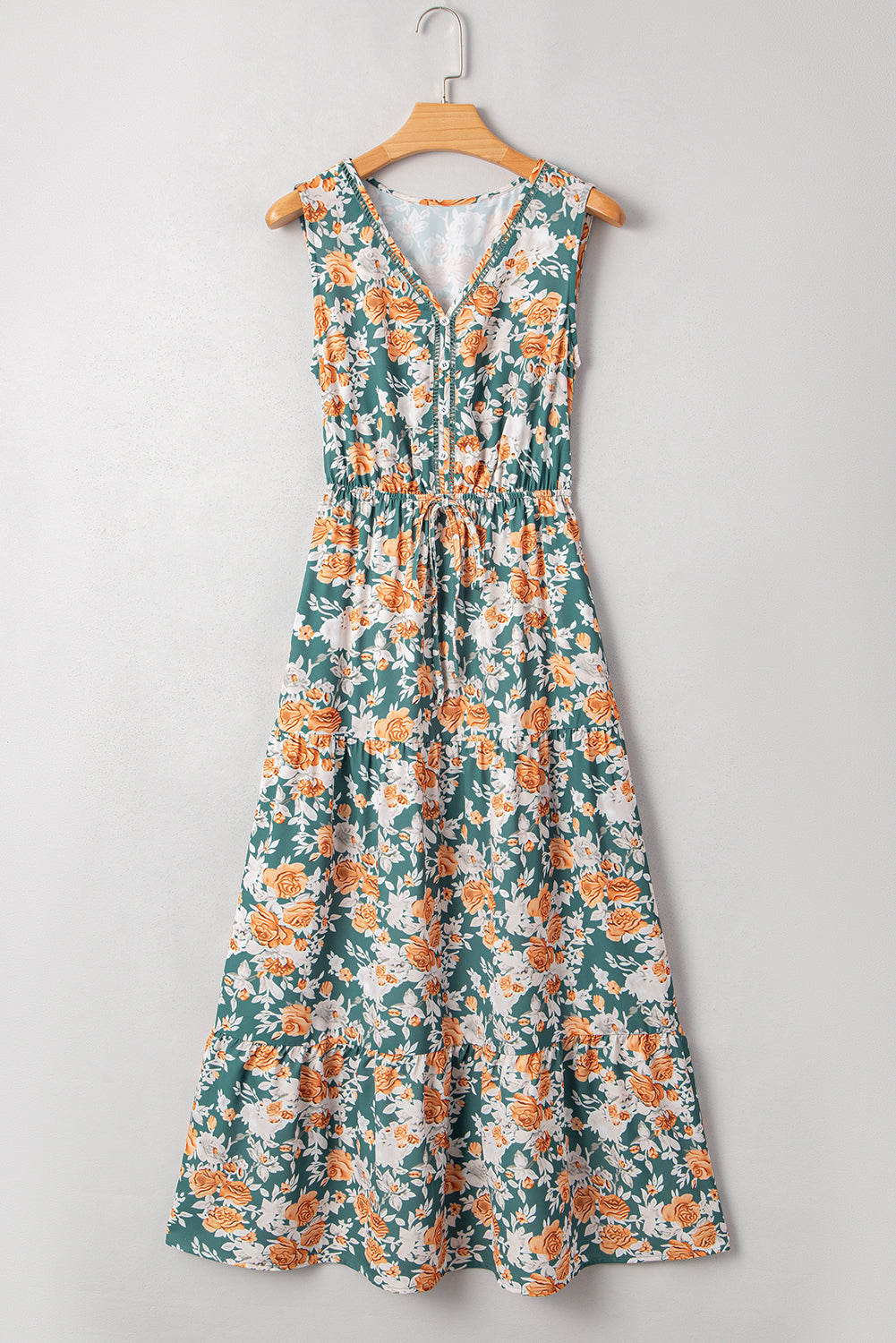 Green Floral Print Trimmed V Neck Tie Waist Sleeveless Holiday Long Dress