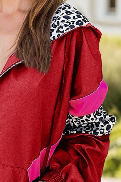 Women's Leopard Print Zip-Up Hooded Jacket Trendy Outerwear