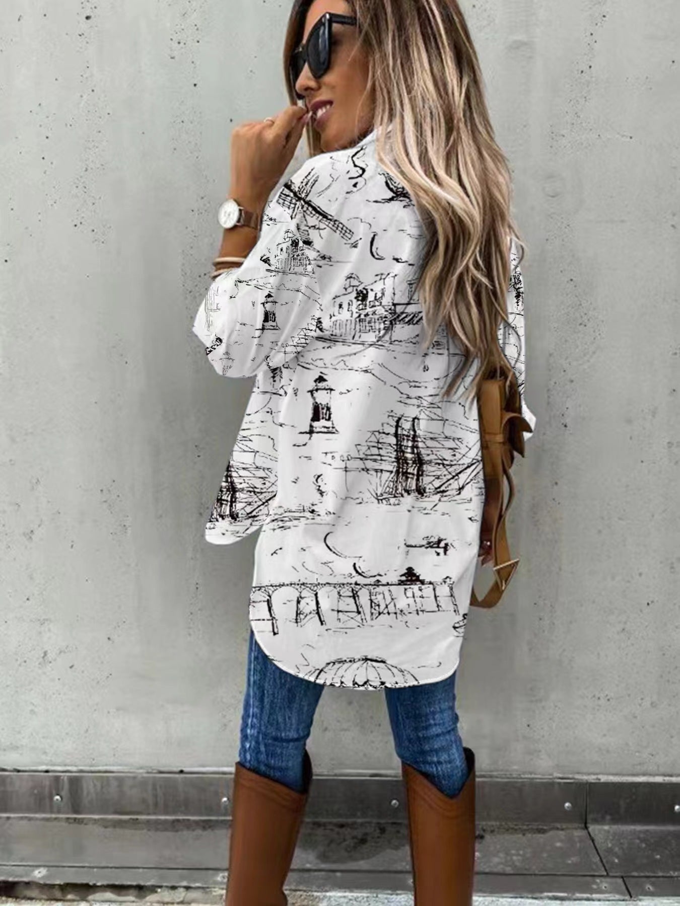 Women's Long Sleeve Button Down Shirt with Pocket Detail - Image 3