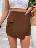 A woman wearing a brown high-waisted cargo skort with a side pocket, viewed from the front and back against a white wall.