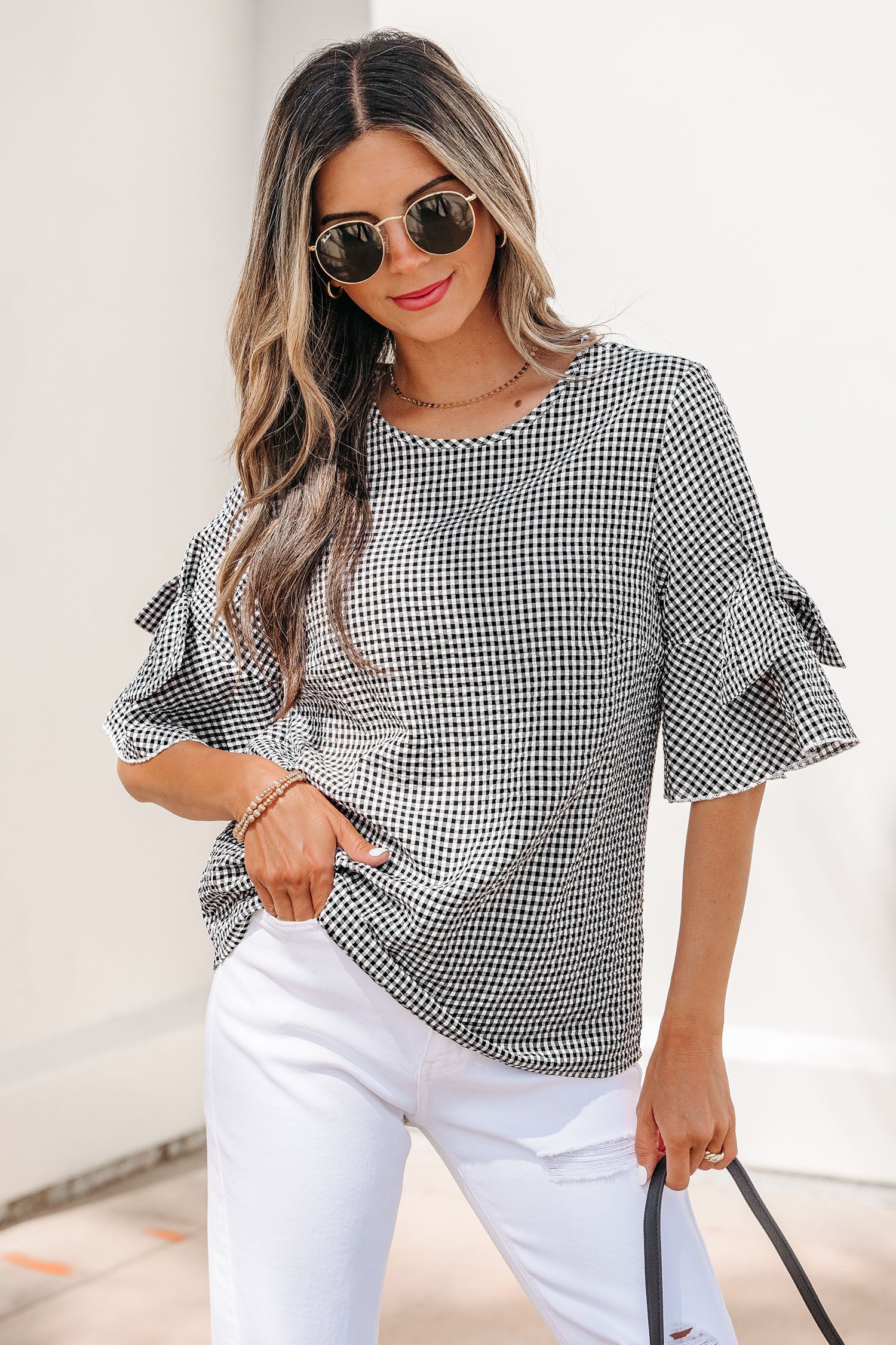 Black Plaid Bow Ruffled Half Sleeve Round Neck Blouse