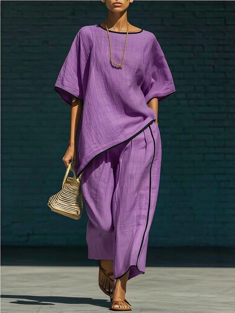Women's Loose Linen-Blend Short Sleeve Top and Pant Set - Image 9