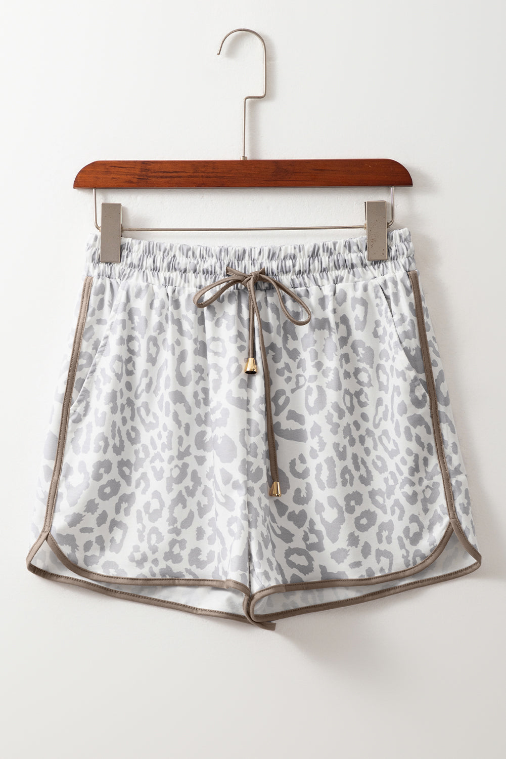 White Leopard Print Elastic Waist Lace-Up Shorts