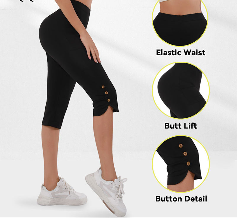 Women wearing black high-waisted slim capri pants with button-slit hem detail