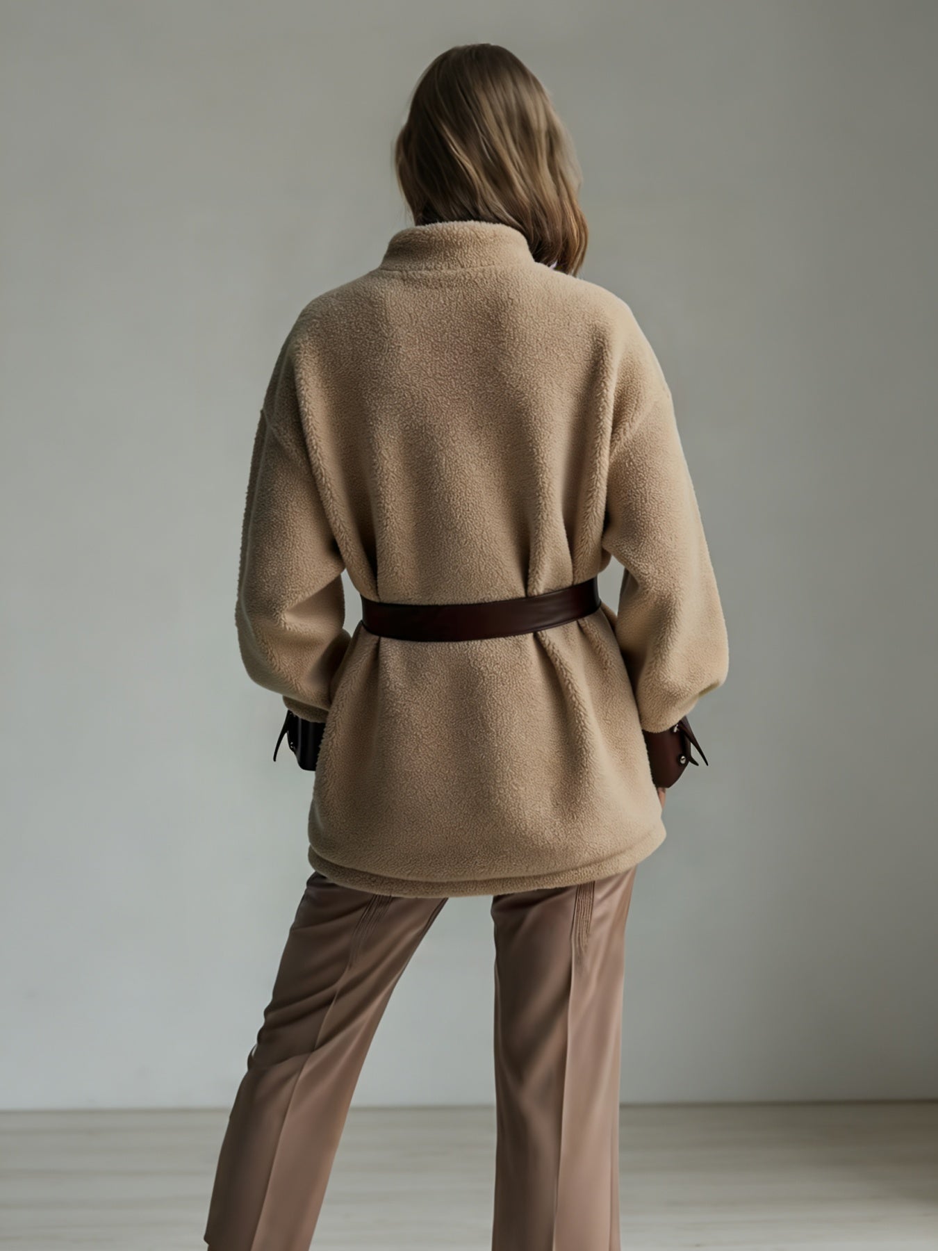 Women's Vintage PU Leather Jacket with Lamb Fur