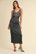 Elegant embroidered satin midi cami dress with a side slit in black and tan options
