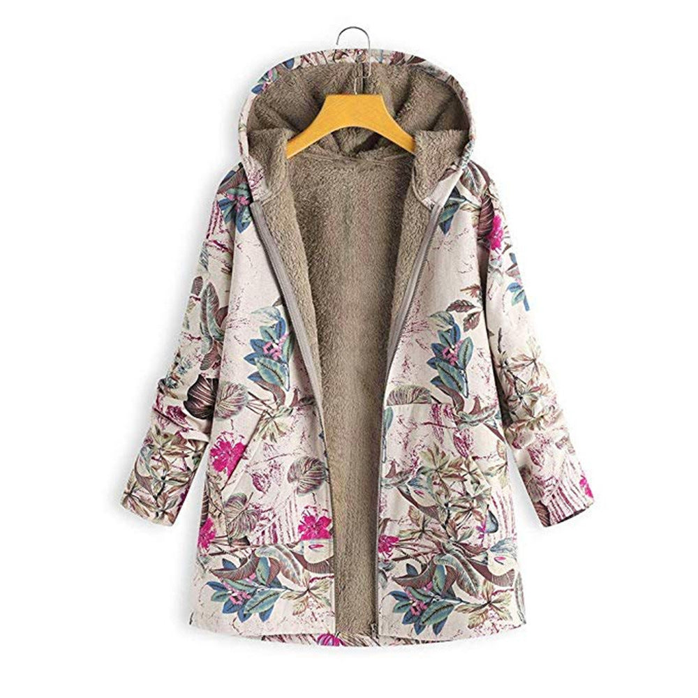 Plus Size Floral Print Hoodie Zipper Coat with Fleece