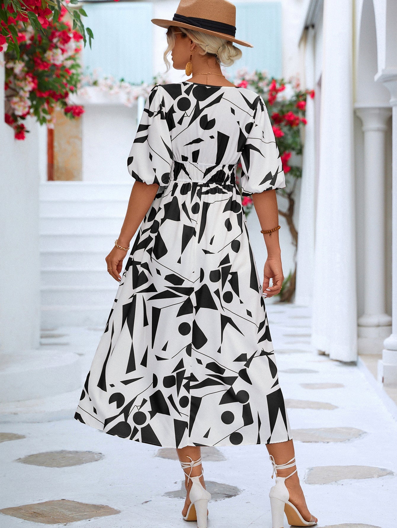 Black & White Printed Balloon Sleeve Mini Dress for Summer