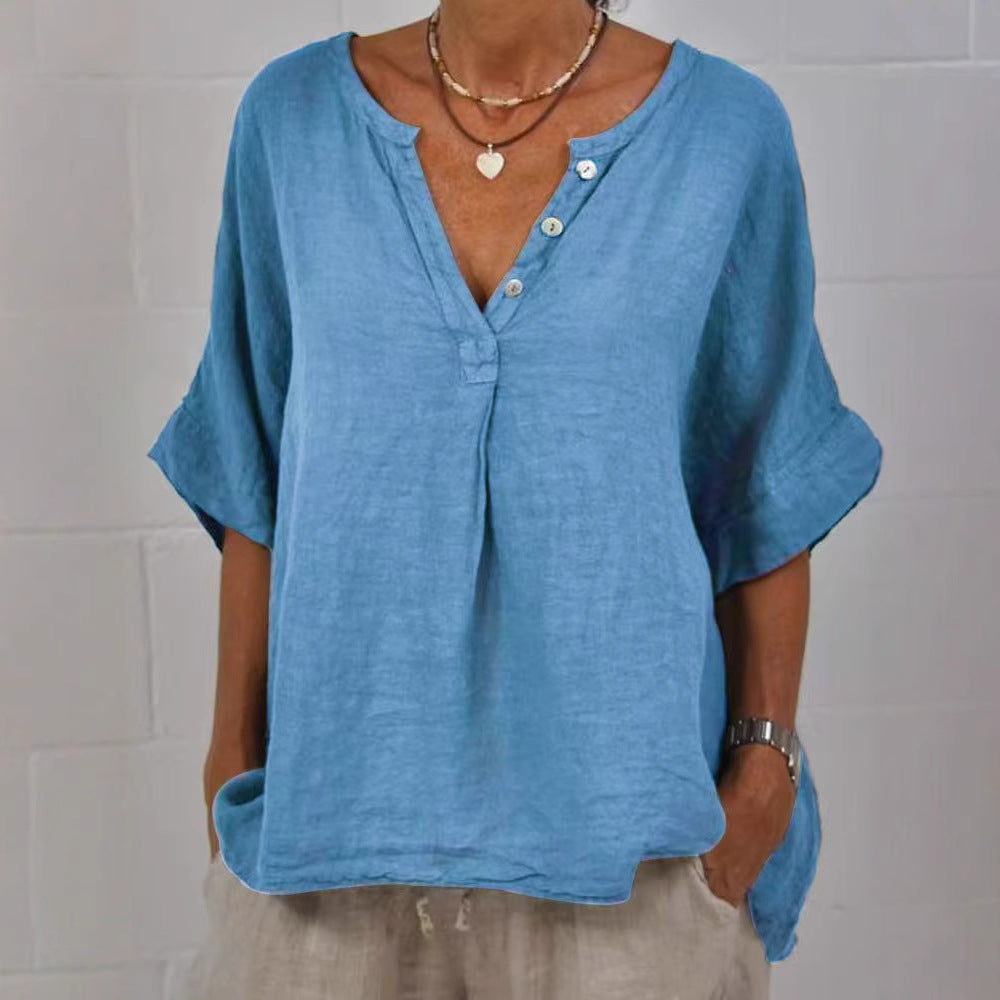 Women's Cotton Linen V-Neck Button-Up Shirt Casual Top - Image 2