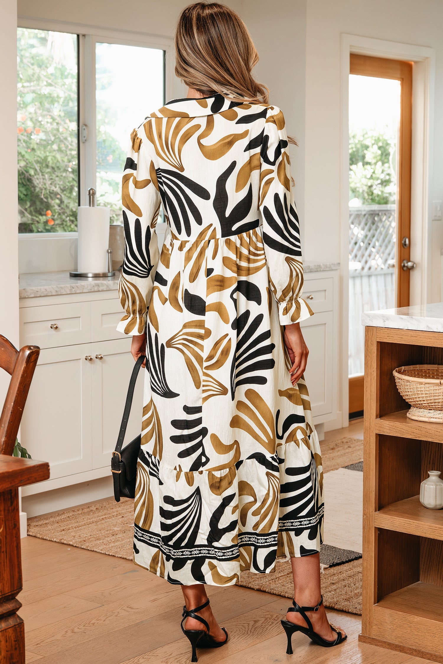 Zaylee Long Sleeve Ruffle Hem Dress in Earth Hue Floral
