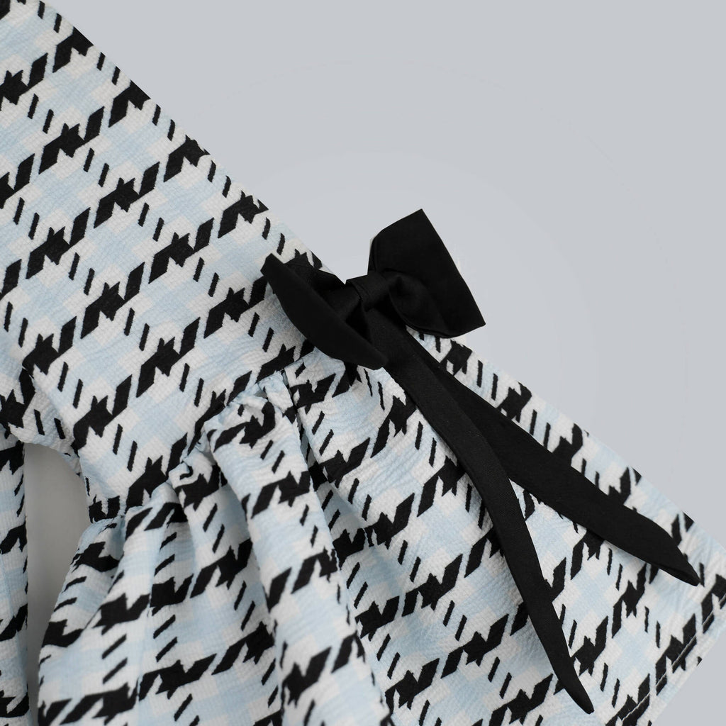 Black and White Box Printed Top with Bell Sleeves and Bow Detail