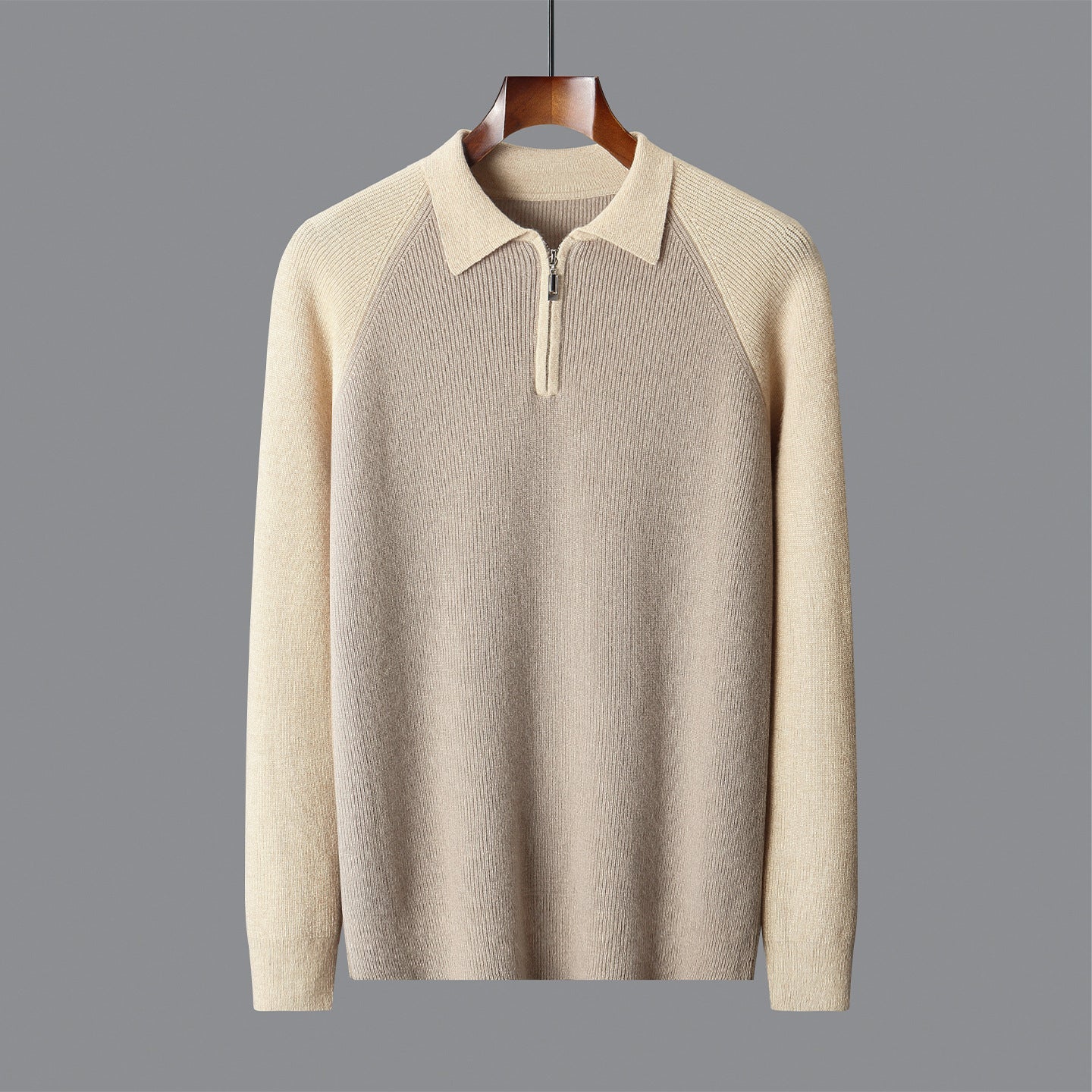 Men's wheat camel wool half-zipper sweater with contrast lapels