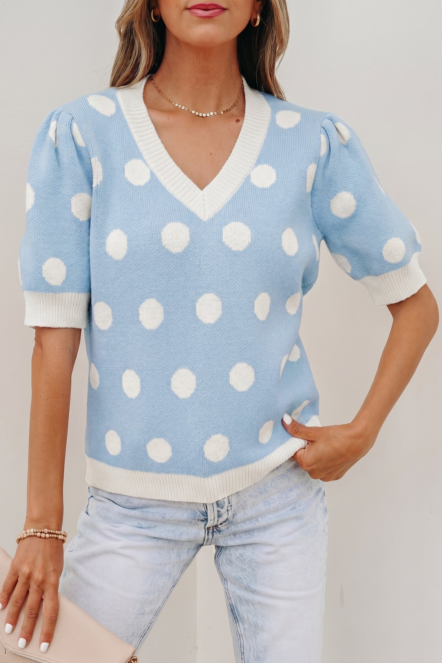 Rivka Puff Short Sleeve Sweater – Polka Dot V-Neck Knit Top