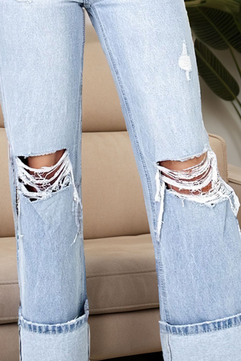 Distressed High Waist Light Blue Jeans | Wide Leg Denim