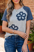 Milani raglan sleeve cotton t-shirt in grey and blue featuring floral appliques