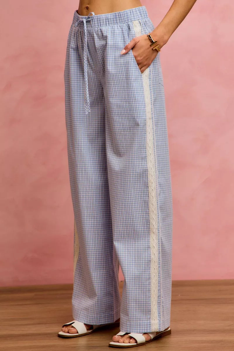 Women's Wide Leg Check Pants with Lace Trim in Light Blue White