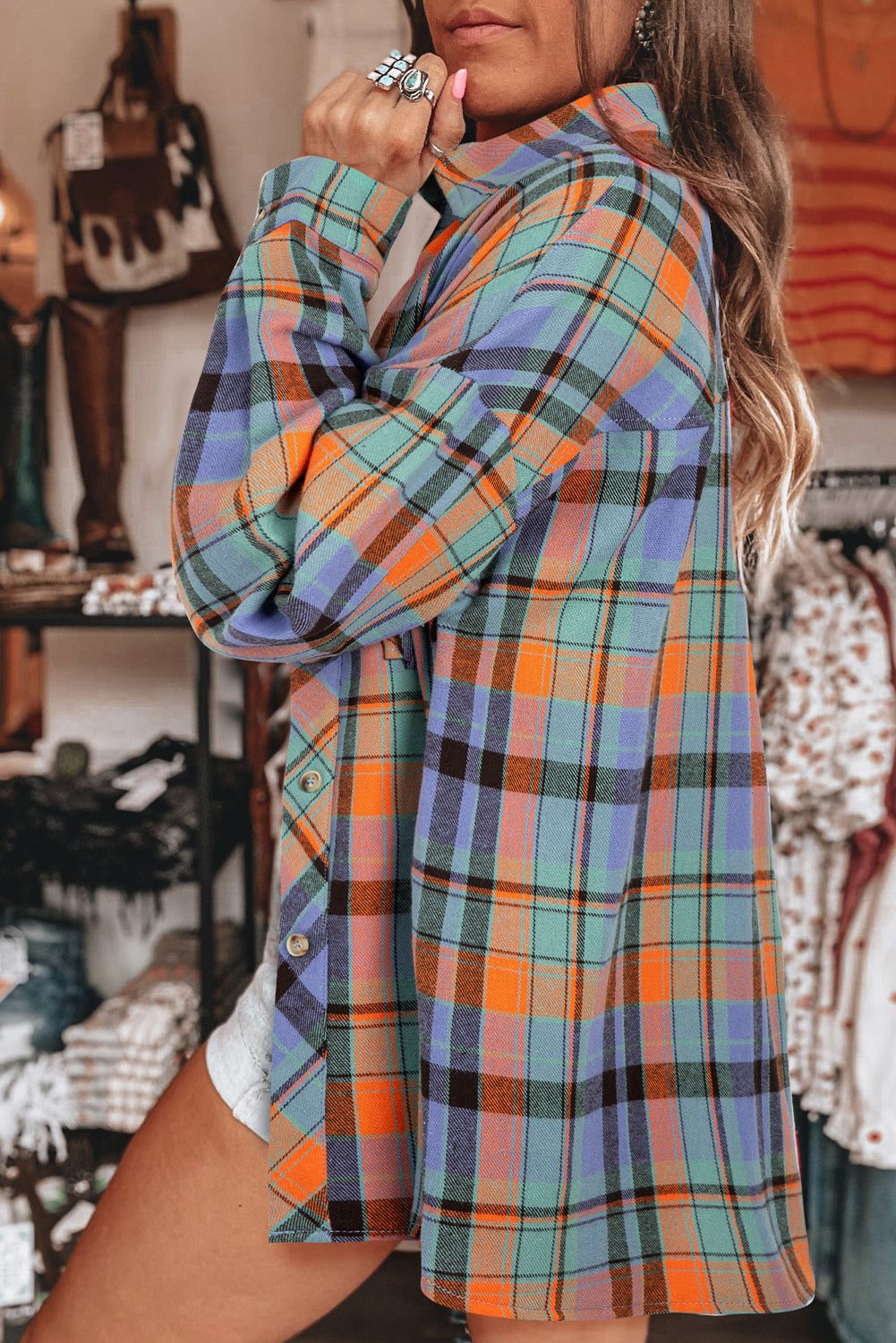 Women's Red Plaid Print Drop Sleeve Loose Shirt Casual Top