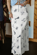 White long satin skirt with Western-inspired print pattern