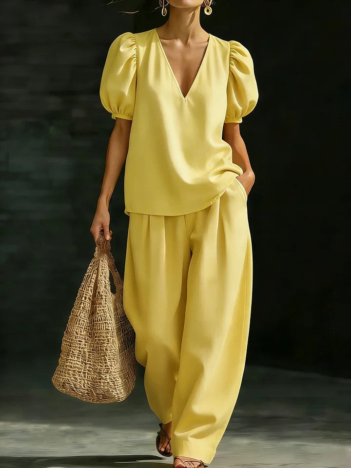 Women's V-Neck Puff Sleeve Top and Wide Leg Trouser Set - Image 8