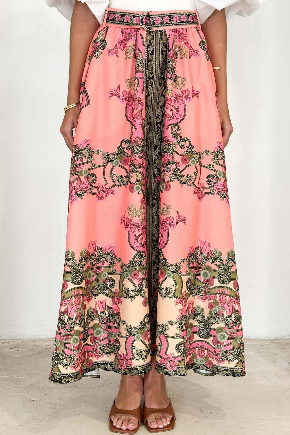 Pink Boho Abstract Print Beltd High Waist Skirt