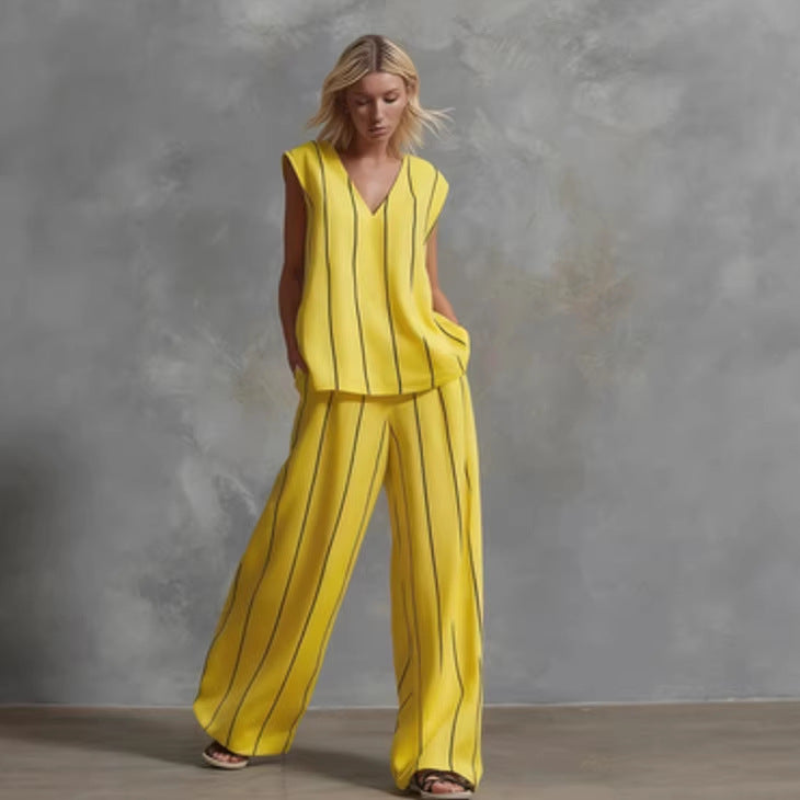 Women's V-Neck Sleeveless Striped Top and Wide Leg Pants Set - Image 3