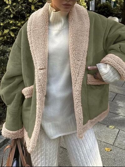 Women’s Fuzzy Collared Long Sleeve Jacket with Button Closure