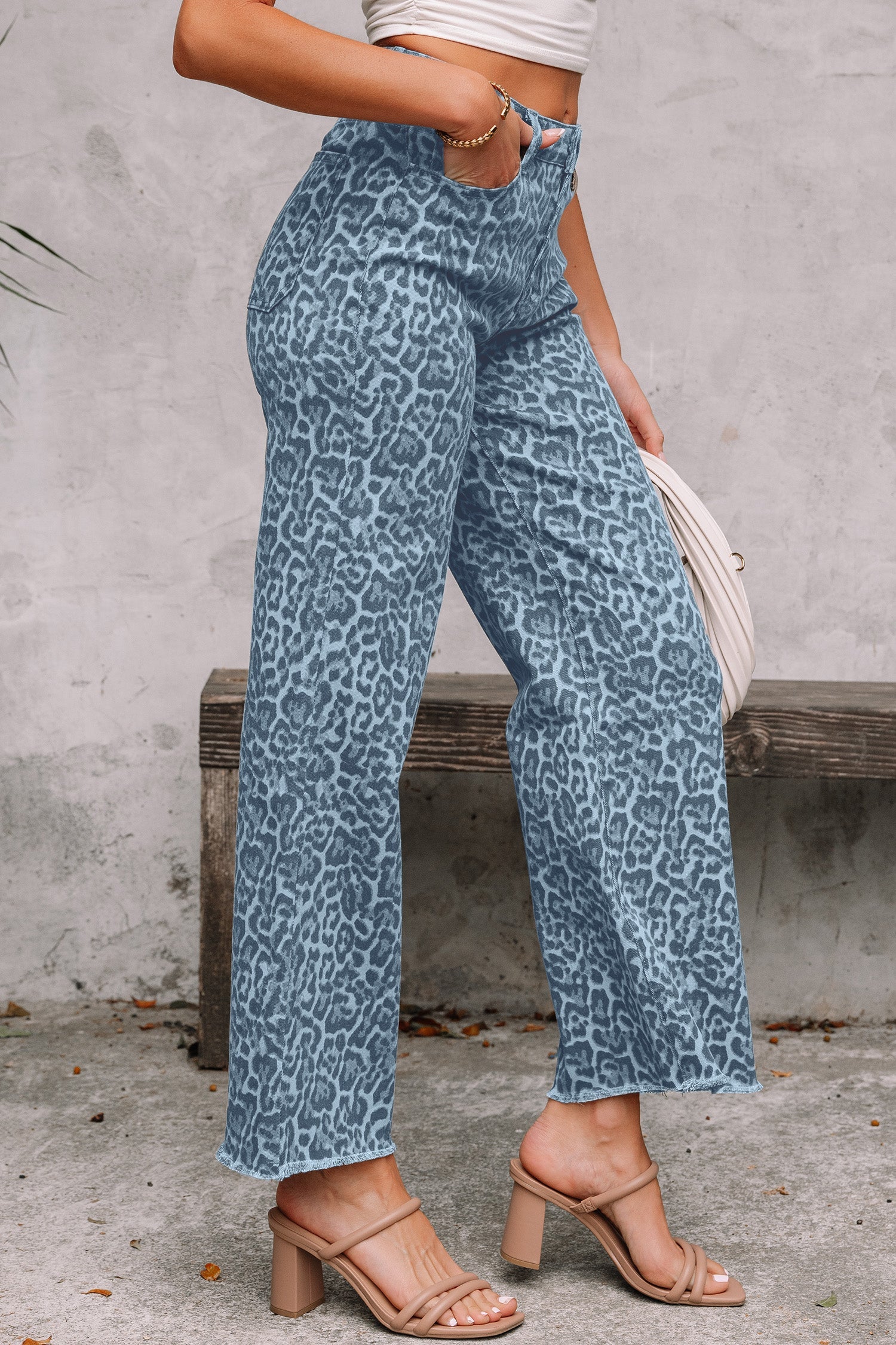 Gray Leopard Frayed Edge Wide Leg High Waist Jeans