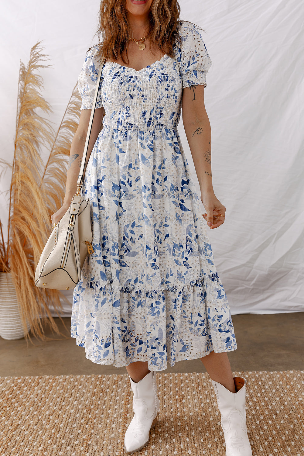 Sky Blue Smocked Bodice Puff Sleeve Floral Midi Dress