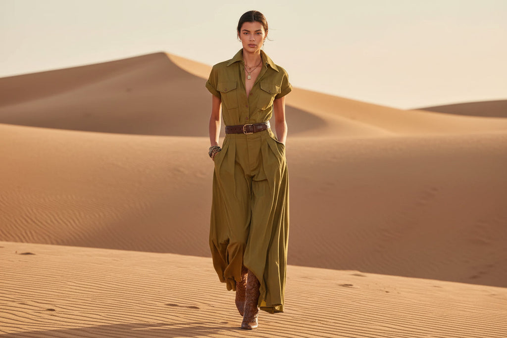 A woman wearing an olive green short-sleeve utility shirt maxi dress with a collar and pockets while walking in a desert landscape.