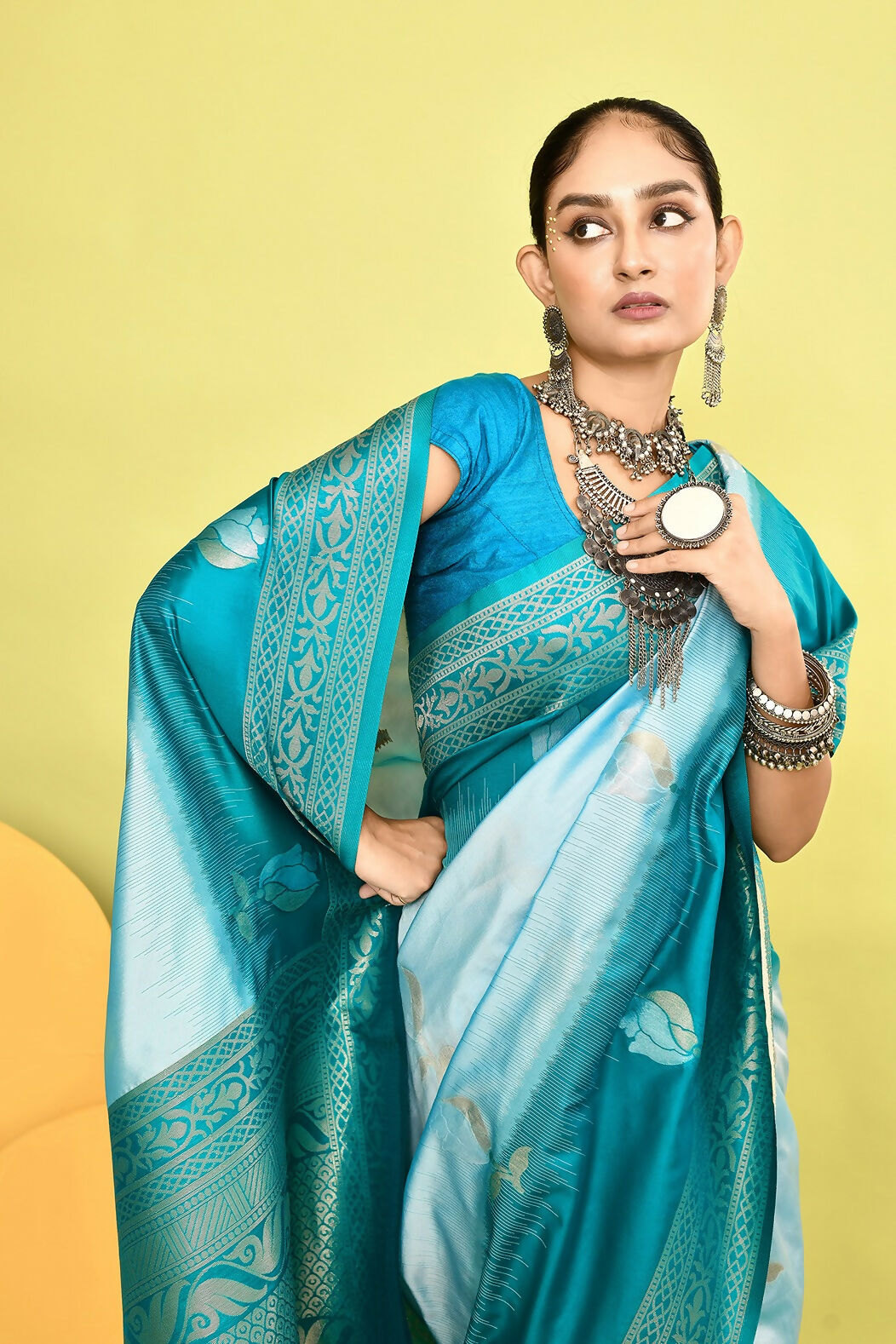 Sky Blue & Rama Plain Banarasi Silk Saree with Weaving Border