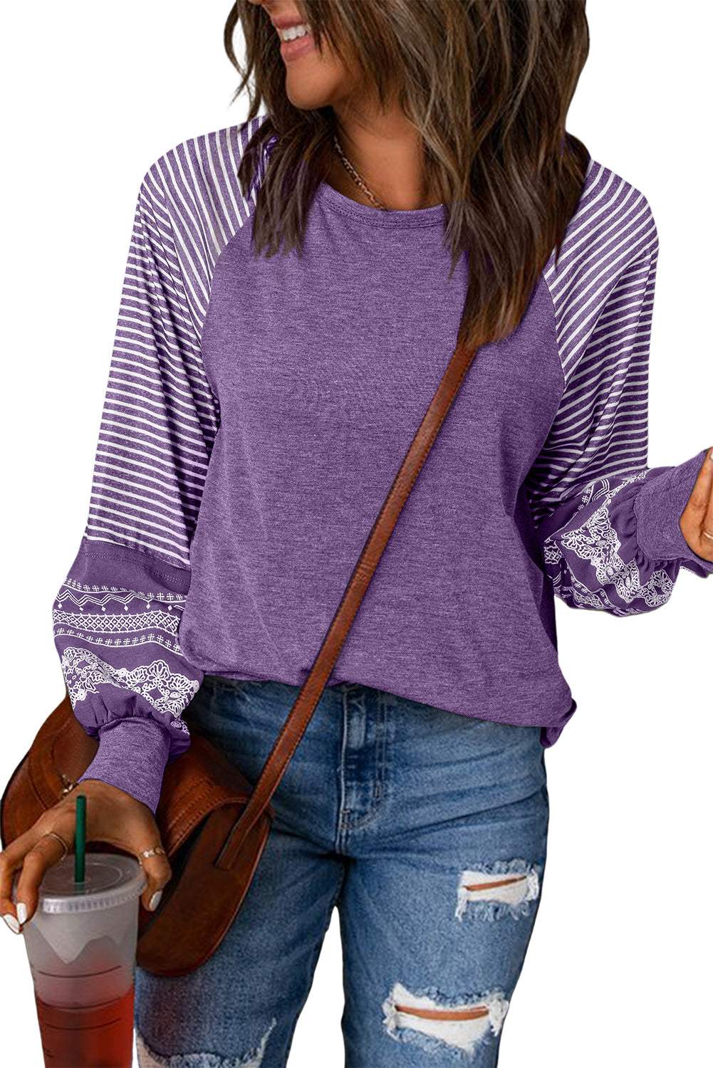 Tillandsia Purple Contrast Print Striped Raglan Long Sleeve Loose Top
