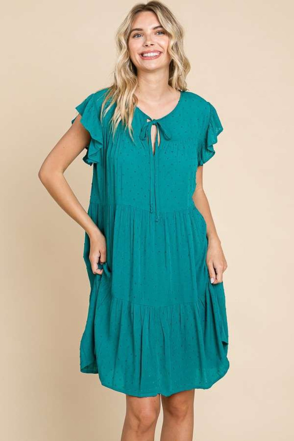 Teal Green Ruffle Cap Sleeve Tiered Midi Dress