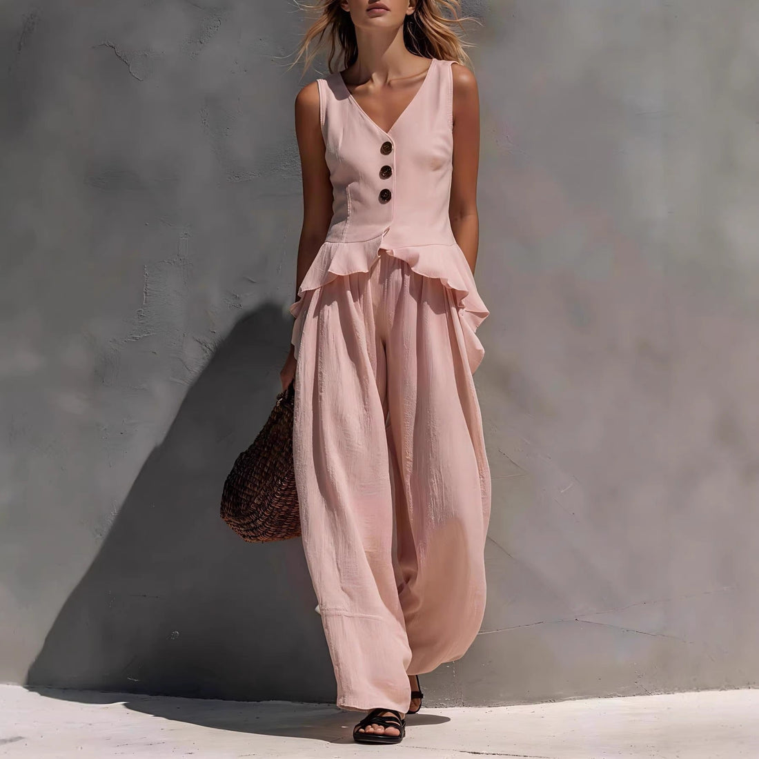 Button-Front Ruffled Tank Top and Wide-Leg Pants Set - Image 9