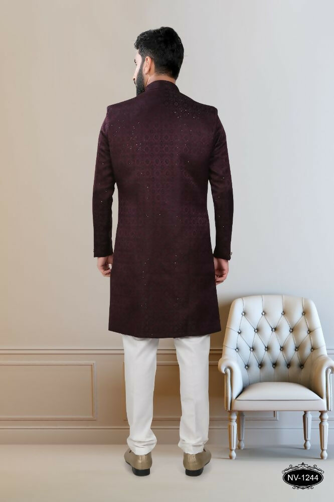 Boys Wine Sequence Embroidered Kurta and Pyjama Set