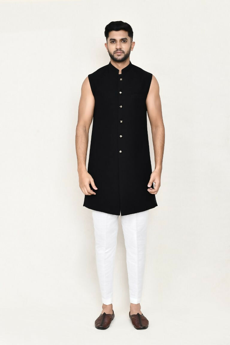 Black Velvet Indo-Western Open Jacket Set with Matching Pants