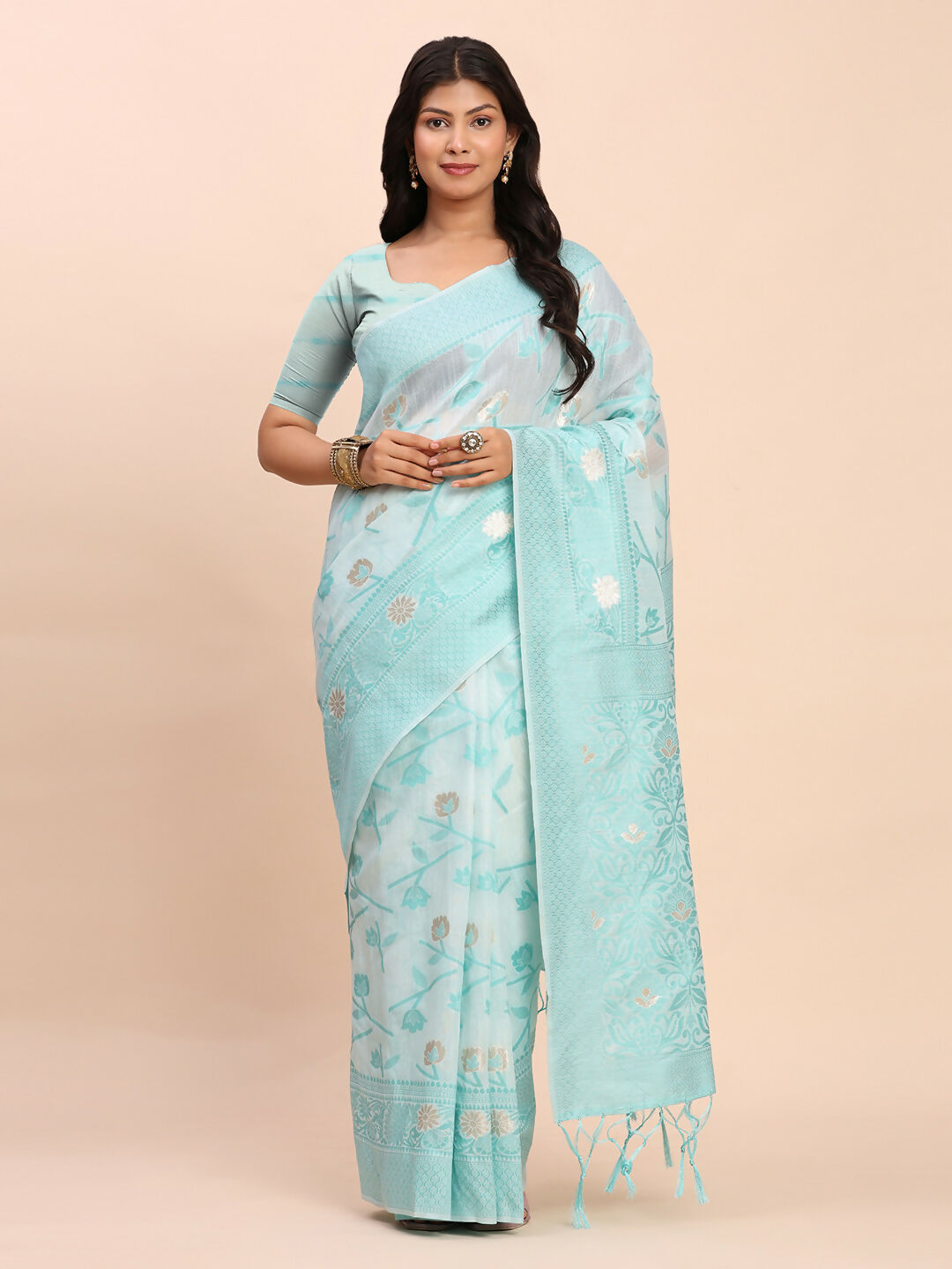 Sky Blue Linen Cotton saree with matching blouse piece
