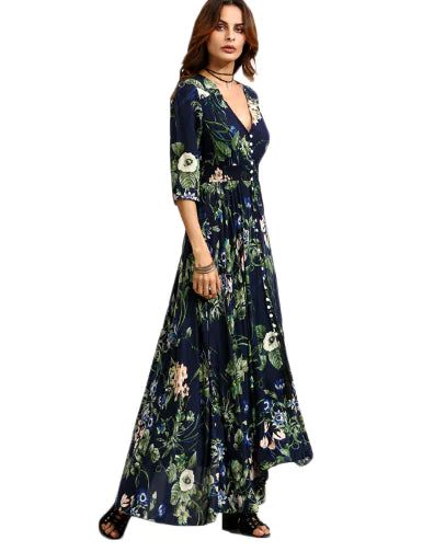 Women's Navy Floral Print Bohemian Maxi Dress with Button Front - Image 8