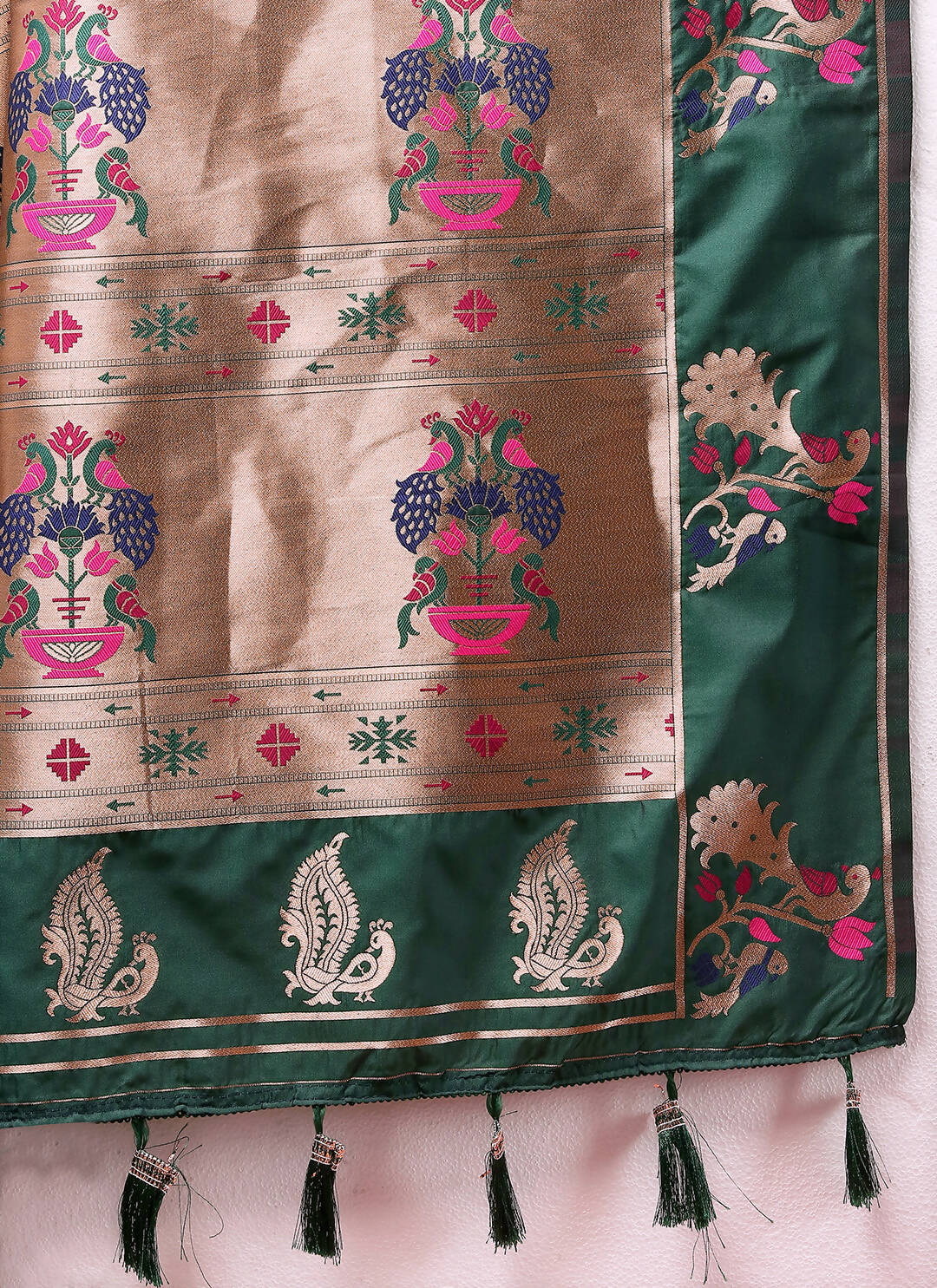 Green Soft Paithani Silk Saree with Copper Zari Meenakari Weaving
