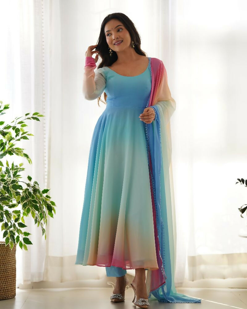 A beautiful 3-piece Sky Georgette Kurta Set with intricate sequence embroidery work.