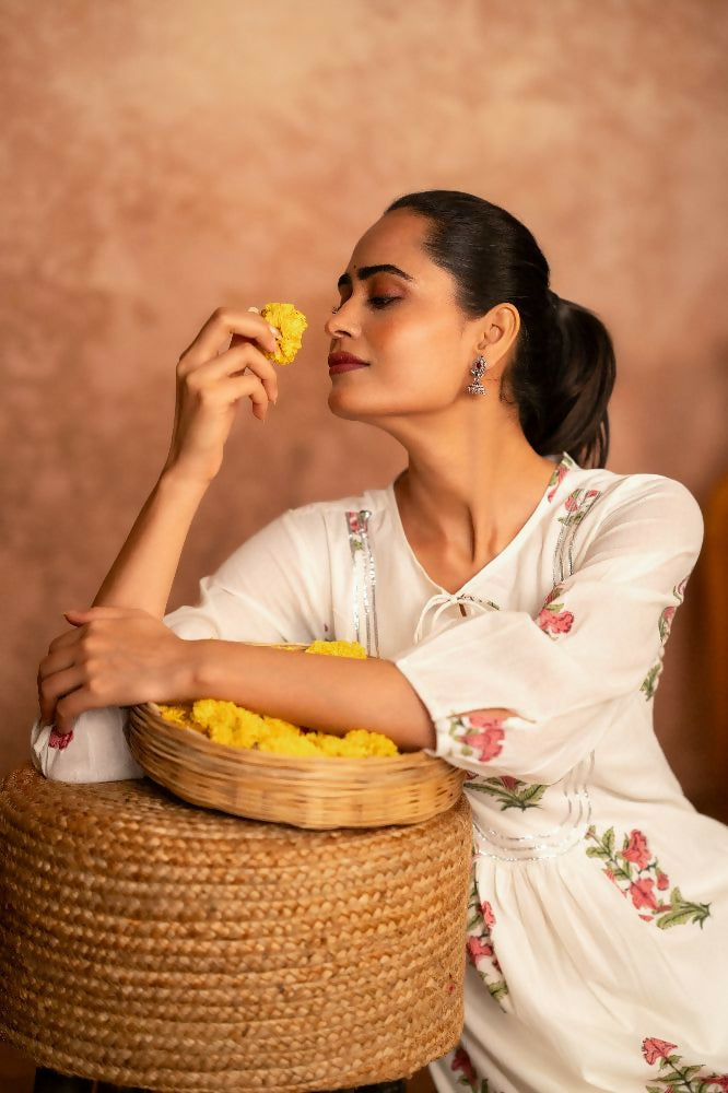Off White & Pink Floral Hand Block Printed Cotton Kurta Set