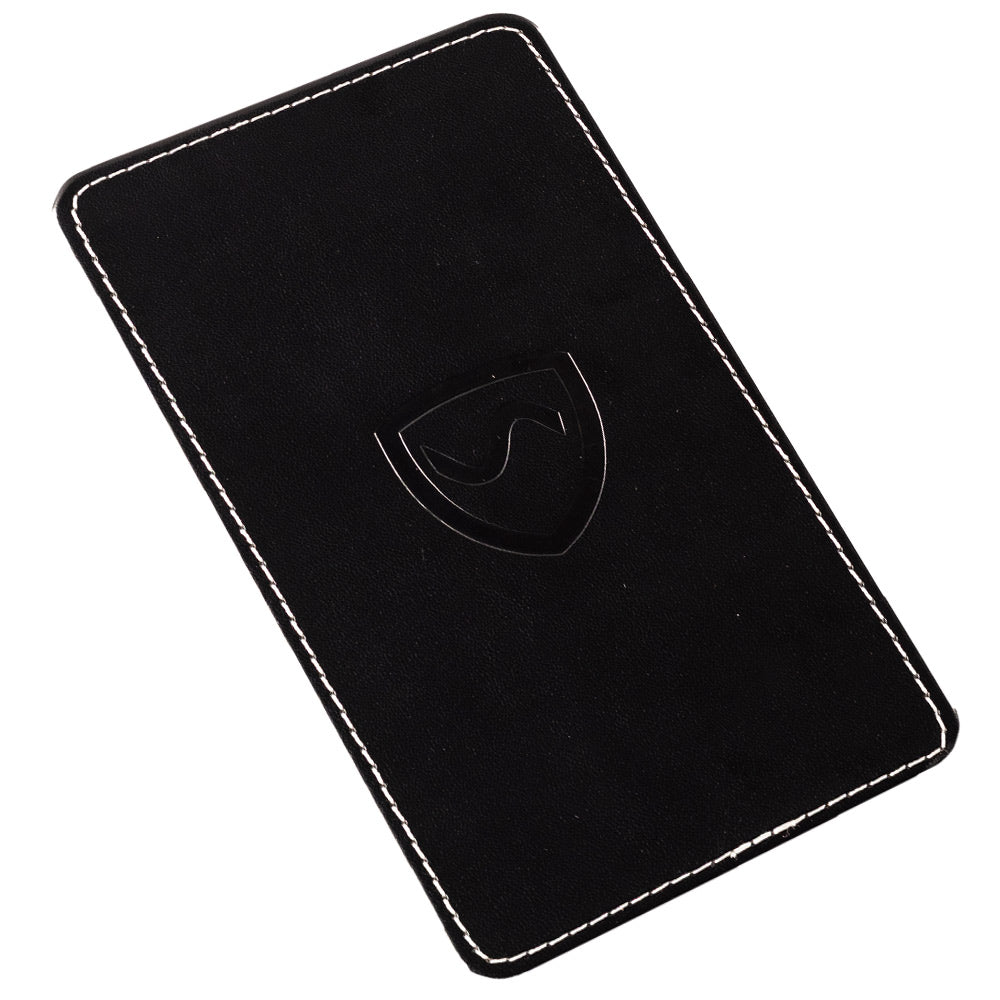 Black rectangular phone shield featuring a stitched border and branded logo