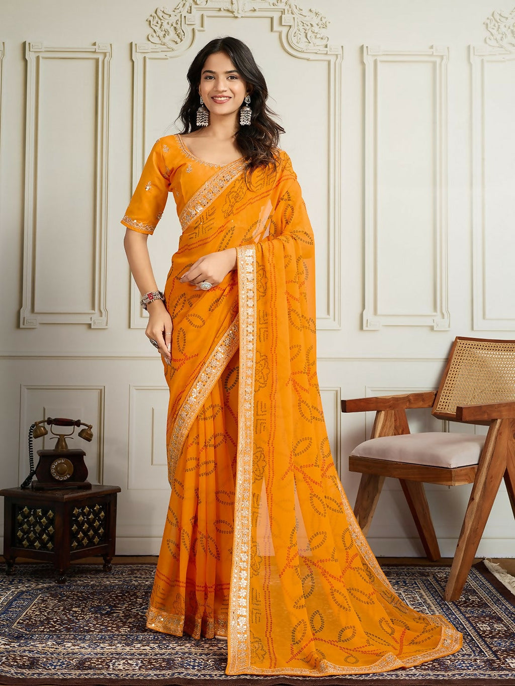 Yellow georgette saree with traditional Rajwadi Bandhani print