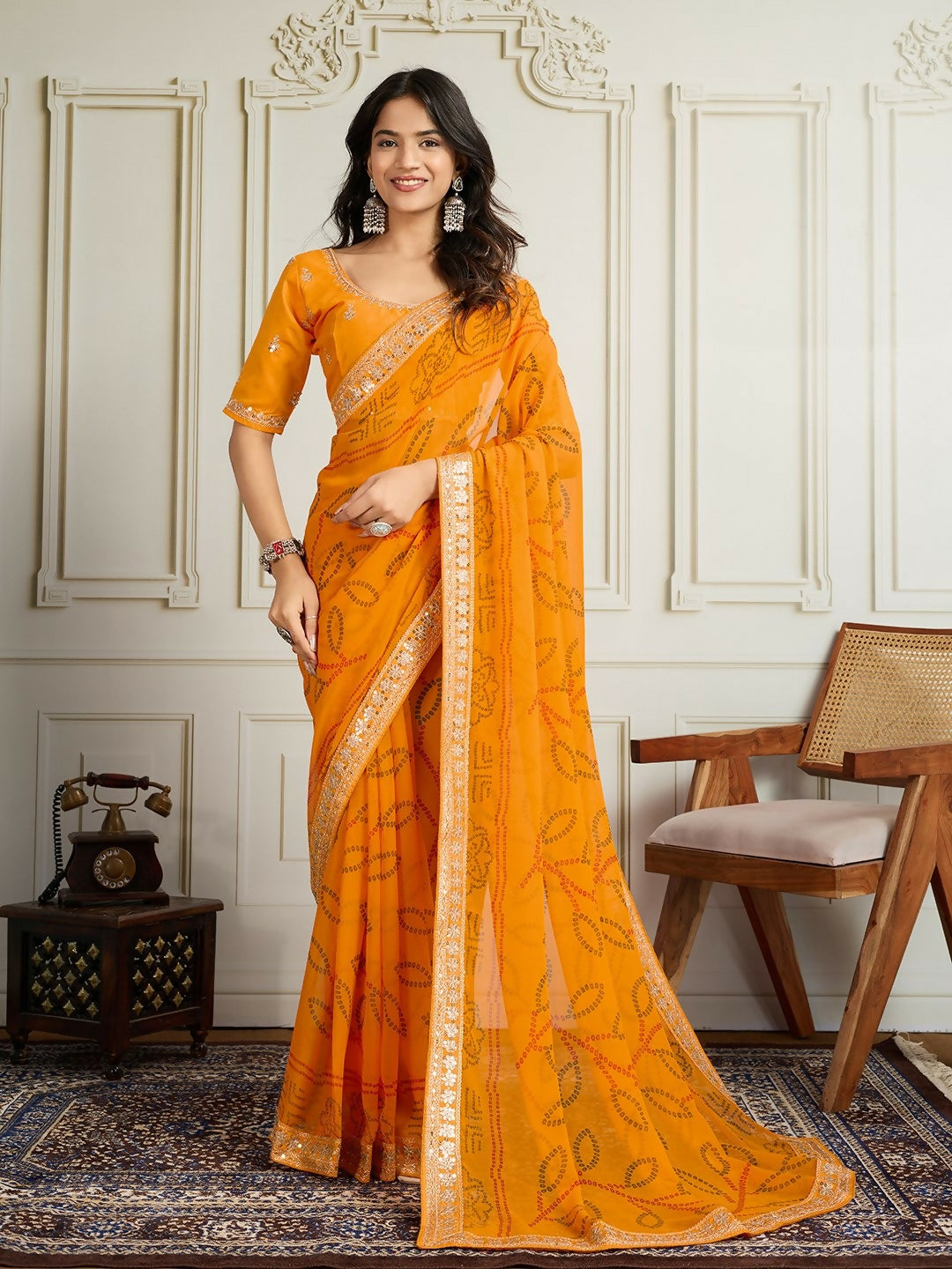 Yellow georgette saree with traditional Rajwadi Bandhani print