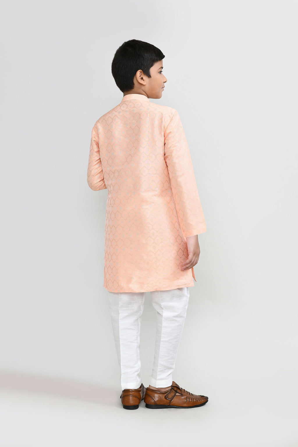 Peach Cotton Silk Kurta Set with White Straight Fit Pants