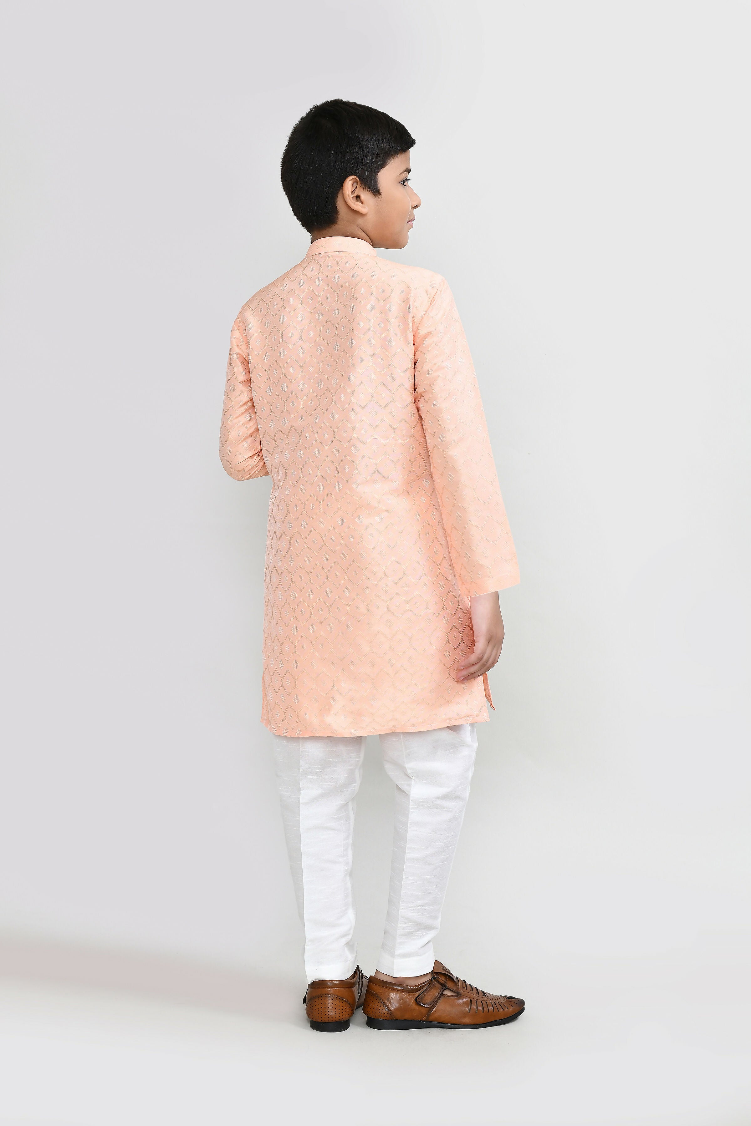 Peach Cotton Silk Kurta Set with White Straight Fit Pants